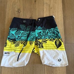 Volcom Black, Blue, Yellow, and White Board Shorts